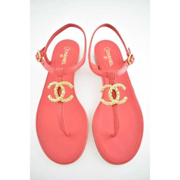 Chanel 20C Red Lambskin Gold CC Logo Mule Ankle Strap Thong Sandal Flat 36.5C - Picture 1 of 9